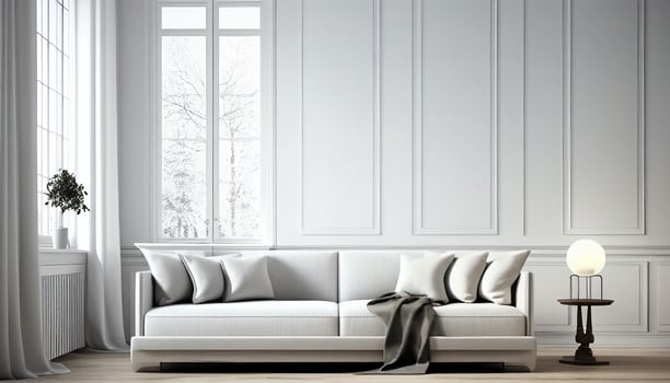 Elegant white living room white sofa with ample space, photo