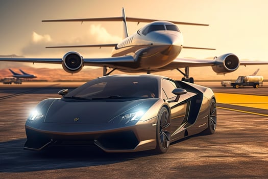 Super car and private jet on landing strip. Business class service at the airport. Business class transfer. Airport shuttle, photo