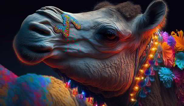 Muslim holiday Eid al-Adha, sacrifice of animal neon effect and colorful flowers. photo
