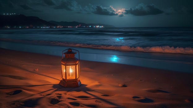 Lantern on the Beach at Night photo