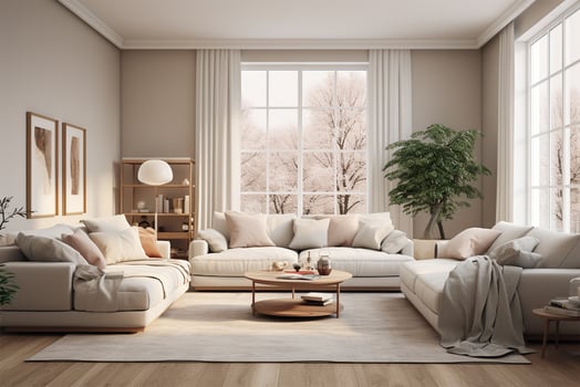 Living room interior with sofa and coffee table. 3d render photo