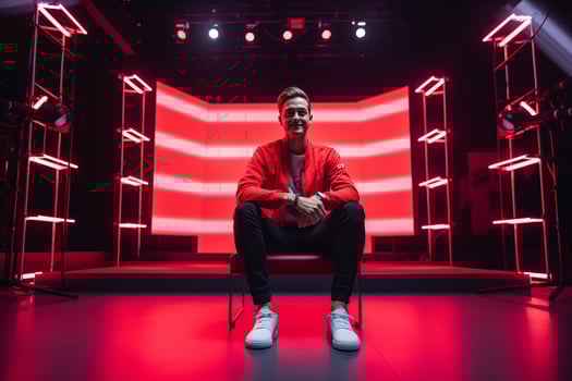 influencer at youtube live, crypto concept, light, minimalistic. photo