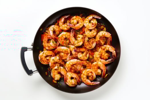 top view of cooking shrimp with spice in pan. photo