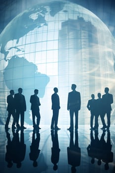 Silhouettes of business people against a large transparent globe photo