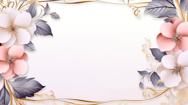 Floral border frame card template. multicolor flowers, leaves, for banner, wedding card. Springtime composition with copy-space, illustration photo
