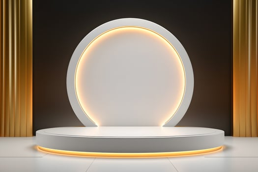 abstract minimalist geometric neon background, simple showcase scene with white hemisphere and golden ring, gold round frame and liquid floor with reflection. Podium for product presentation photo