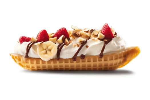 A delicious Banana split ice cream dessert with chocolate syrup. Banana split ice cream dessert by photo