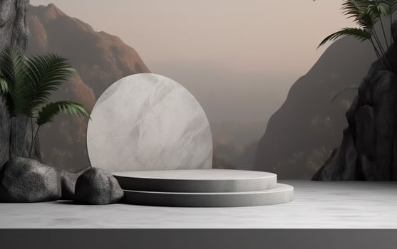 Empty podium scene with cylinder stand concept. Mountains and stones background, Blanc space for beauty skincare technology products display, photo