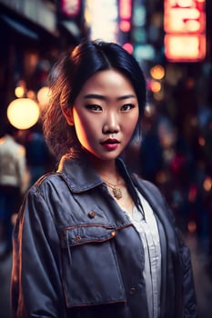 beautiful young asian woman with city street night in background, photo