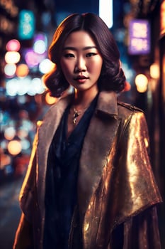 beautiful young asian woman with city street night in background, photo