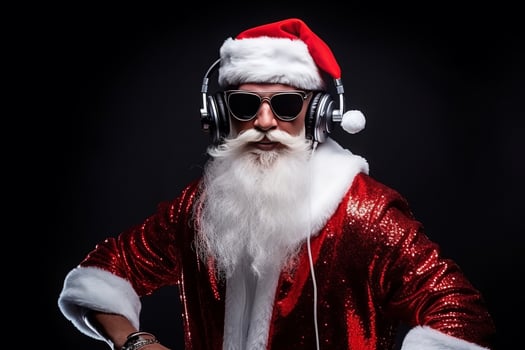 Funky crazy Santa Claus dj headset sing song sound melody listen music on black background. photo