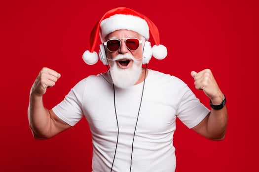 Funky crazy Santa Claus dj headset sing song sound melody listen music on red background. photo
