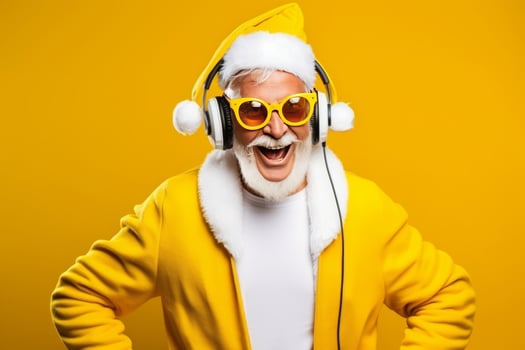 Funky crazy Santa Claus dj headset sing song sound melody listen music on yellow background. photo