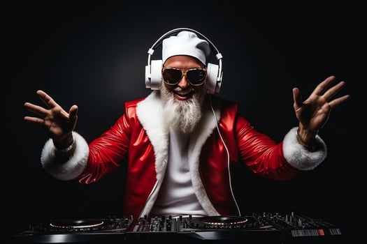 Funky crazy Santa Claus dj headset sing song sound melody listen music on black background. photo