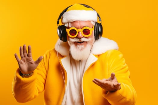 Funky crazy Santa Claus dj headset sing song sound melody listen music on yellow background. photo