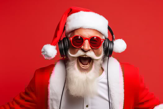 Funky crazy Santa Claus dj headset sing song sound melody listen music on red background. photo
