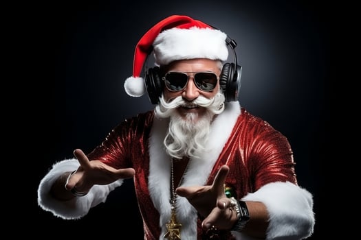 Funky crazy Santa Claus dj headset sing song sound melody listen music on black background. photo