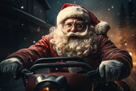 Santa Claus driving red sports car on Christmas day's, delivering presents.. photo