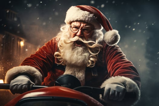 Santa Claus driving red sports car on Christmas day's, delivering presents.. photo