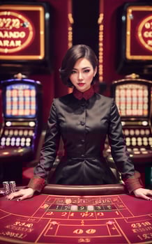 beautiful asian woman with luxury dress in grand casino gambling, photo