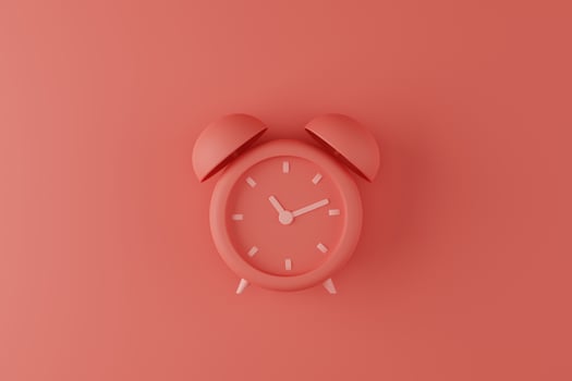 3d rendering flay lay red analog alarm clock on red background photo