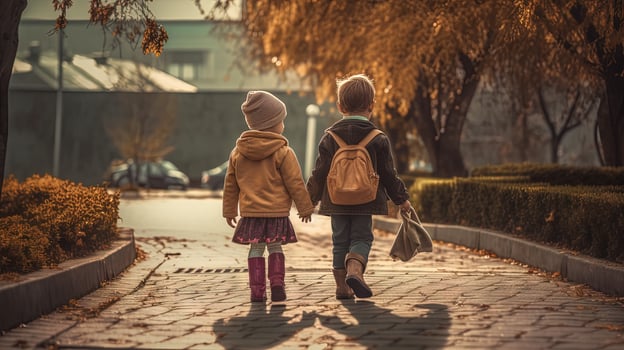 Children walking back home from school with backpacks. . photo