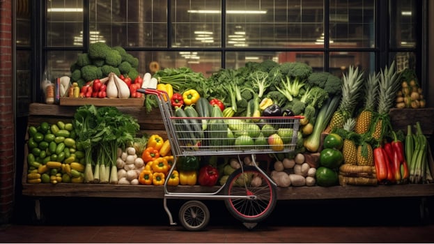 A shopping cart full of fresh fruits and vegetables generated with AI photo