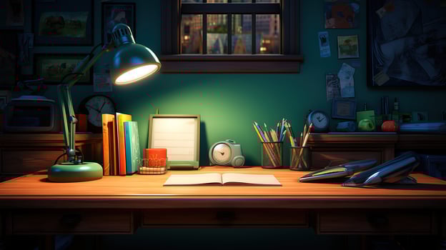 The teacher's desk on which the writing materials lie, in the evening under the lamp. photo