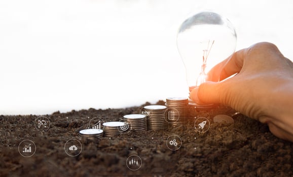 Ideas, business recovery, innovation, brainstorming, inspiration and problem solving ideas. light bulb on the ground photo