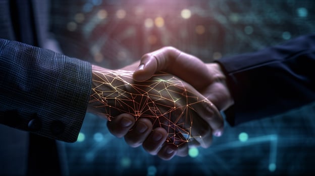 Businessman in a suit handshake with AI robot, photo