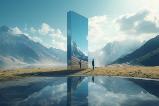 Man silhouette standing in mountain landscape with mirror portal. photo