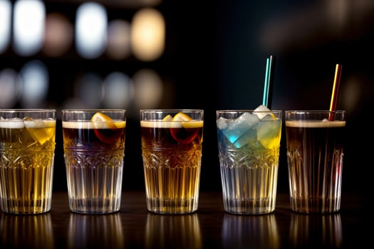 A Row Of Glasses Filled With Different Types Of Drinks. photo