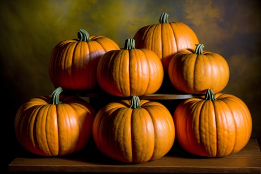 A Stack Of Pumpkins Sitting On Top Of A Wooden Table. photo