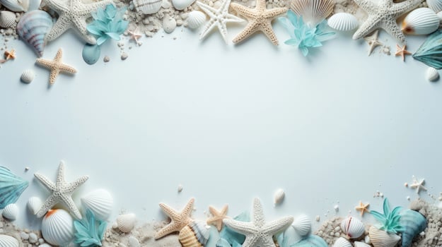 Sea elements card template, beach background design with border frame for template. composition with copy-space, illustration photo