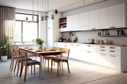 Modern kitchen interior design in apartment or house with furniture. Luxury kitchen home scandinavian concept by photo