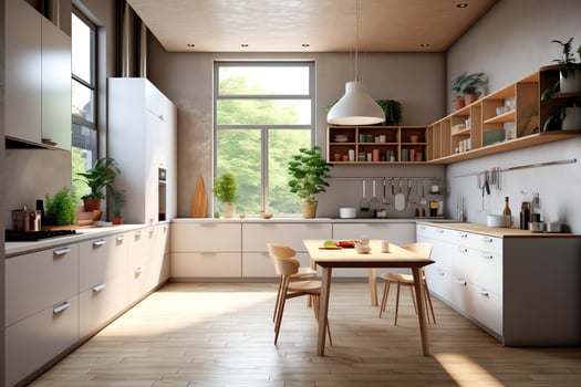 Modern kitchen interior design in apartment or house with furniture. Luxury kitchen home scandinavian concept by photo