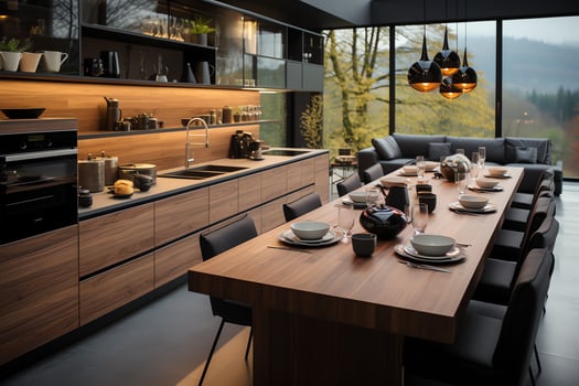 Modern kitchen interior design in apartment or house with furniture. Luxury kitchen home scandinavian concept by photo