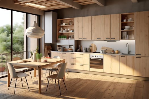 Modern kitchen interior design in apartment or house with furniture. Luxury kitchen home scandinavian concept by photo