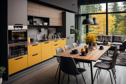 Modern kitchen interior design in apartment or house with furniture. Luxury kitchen home scandinavian concept by photo