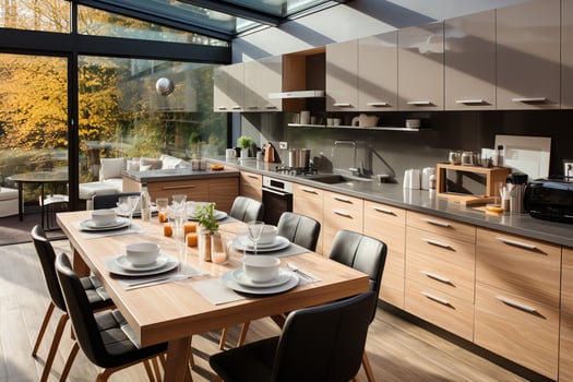 Modern kitchen interior design in apartment or house with furniture. Luxury kitchen home scandinavian concept by photo