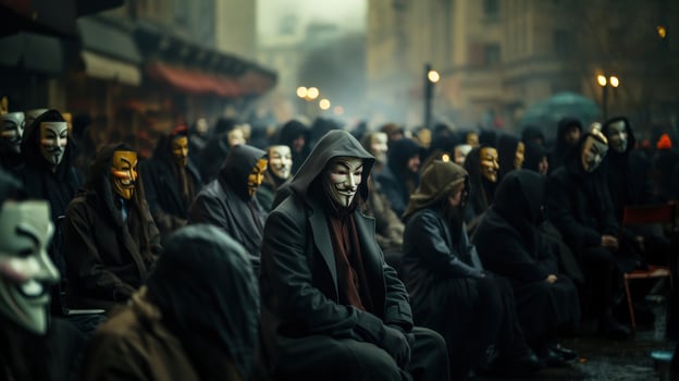 Group of people in anonymous masks sit in Paris, France. . photo