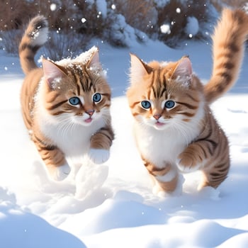 Beautiful two-cat white purebred cats play on a cube on a winter background. . photo