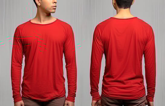 Man wearing a red T-shirt with long sleeves. Front and back view. photo