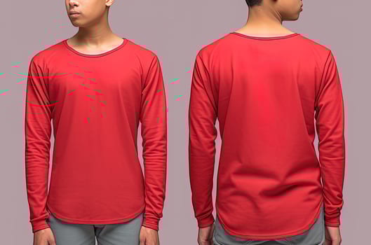Man wearing a red T-shirt with long sleeves. Front and back view. photo