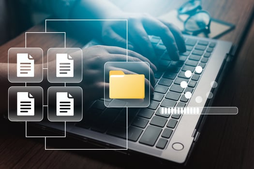 Woman use laptop to manage files. Document Management System DMS. Product management system, Accounting and Finance. Corporate business technology. photo