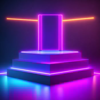 Blue pink violet neon abstract background, ultraviolet light, night club empty room interior. . photo