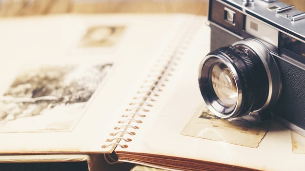 retro camera on the background of old photos