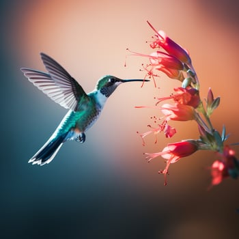 Minimalist capture of a hummingbird mid-flight sipping nectar from an exotic flower photo
