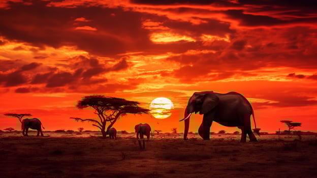 Stunning African safari scene at sunset with elephants, giraffes, and zebras under a fiery sky photo