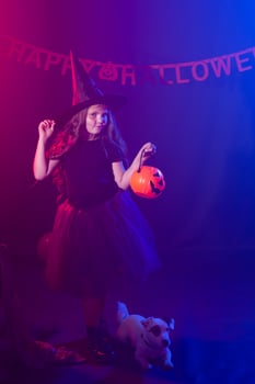Funny child girl in witch costume for Halloween with pumpkin Jack and dog. photo